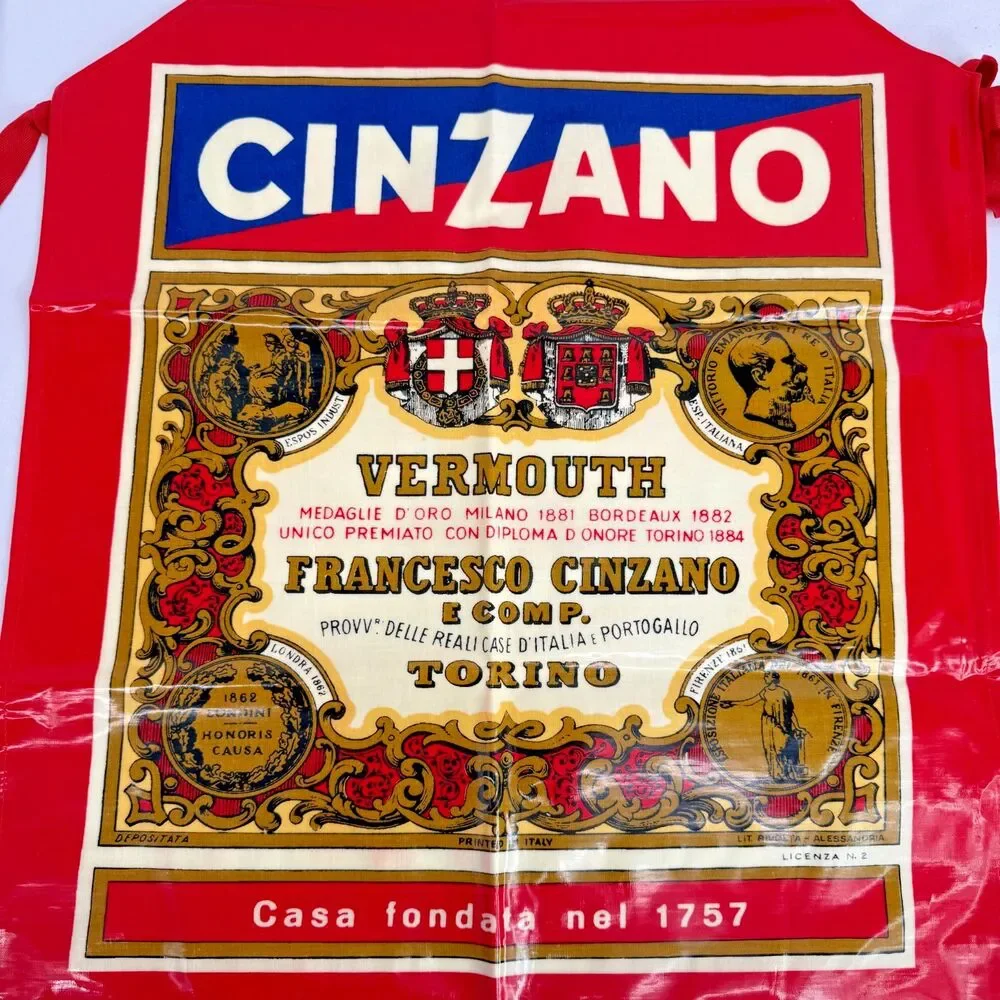 Vintage Cinzano Vermouth Torino Red Coated Fabric Apron Printed In Italy Barware